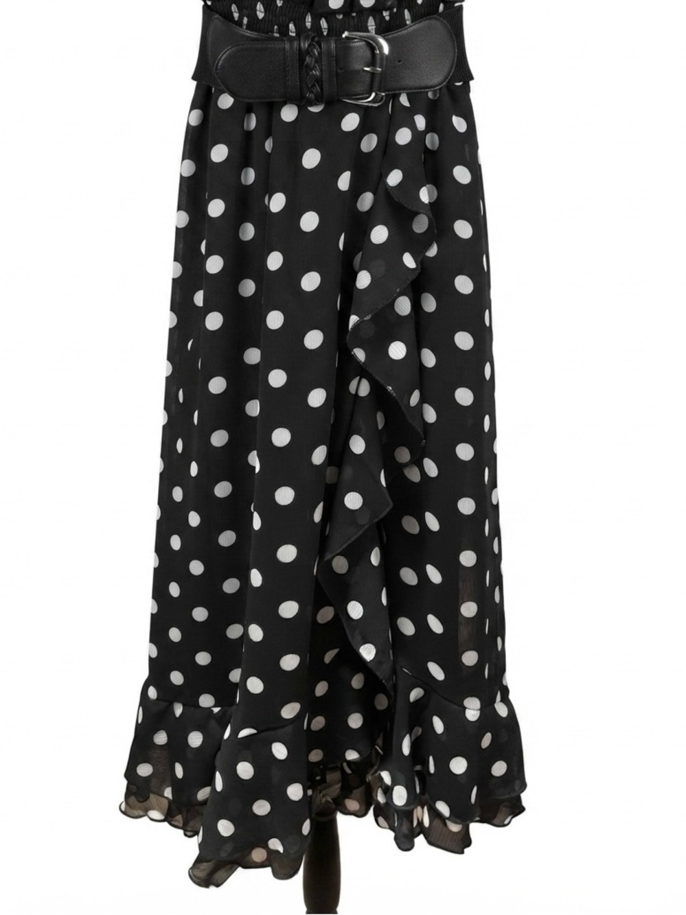 Cocomo Black & White Polka Dot Halter Midi Dress with Ruffle & Belt - NWOT - Picture 5 of 9